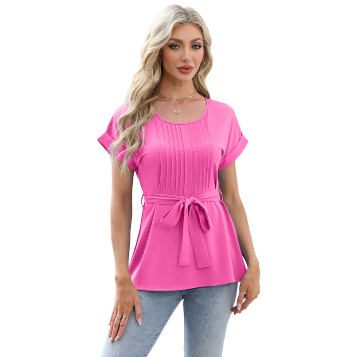 Dame elegant bluse med talje bælte og folder Stilla