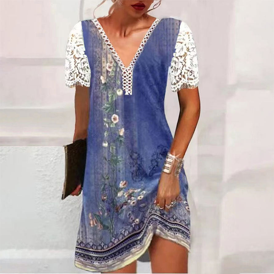 Stilla | Elegant Print Blondeærme V-Hals Kjole