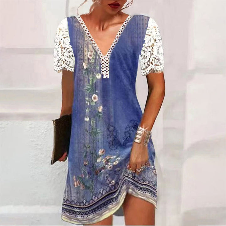 Stilla | Elegant Print Blondeærme V-Hals Kjole