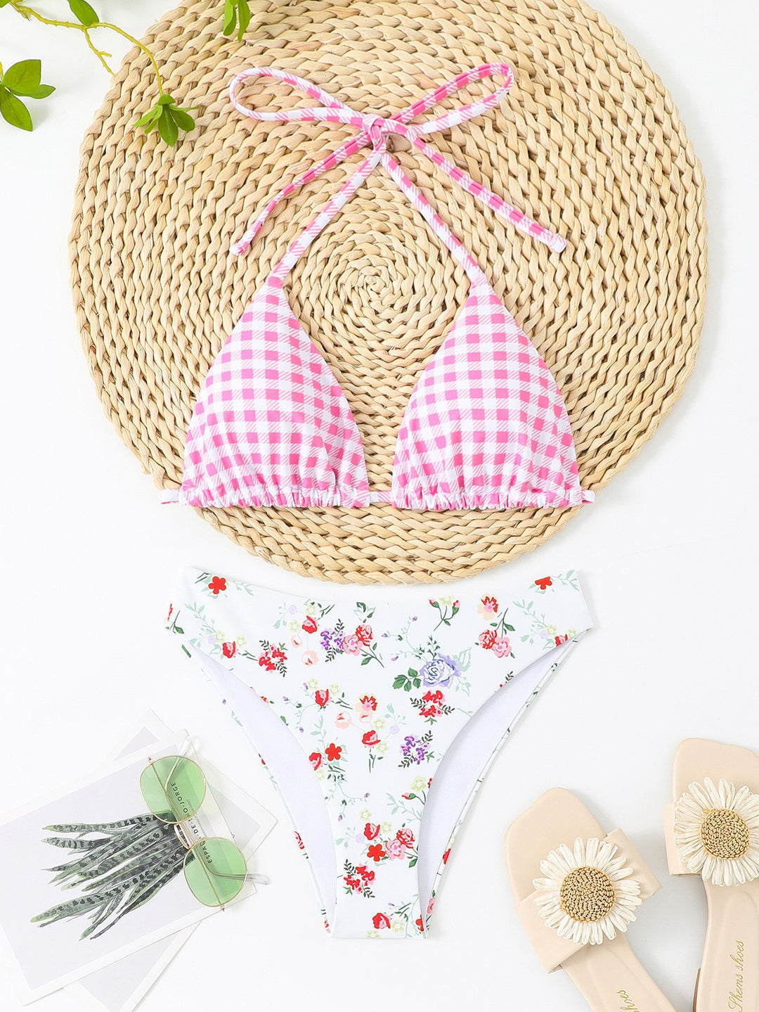 Dame Triangel-Bikini med blomster- og ternmønster Skovae