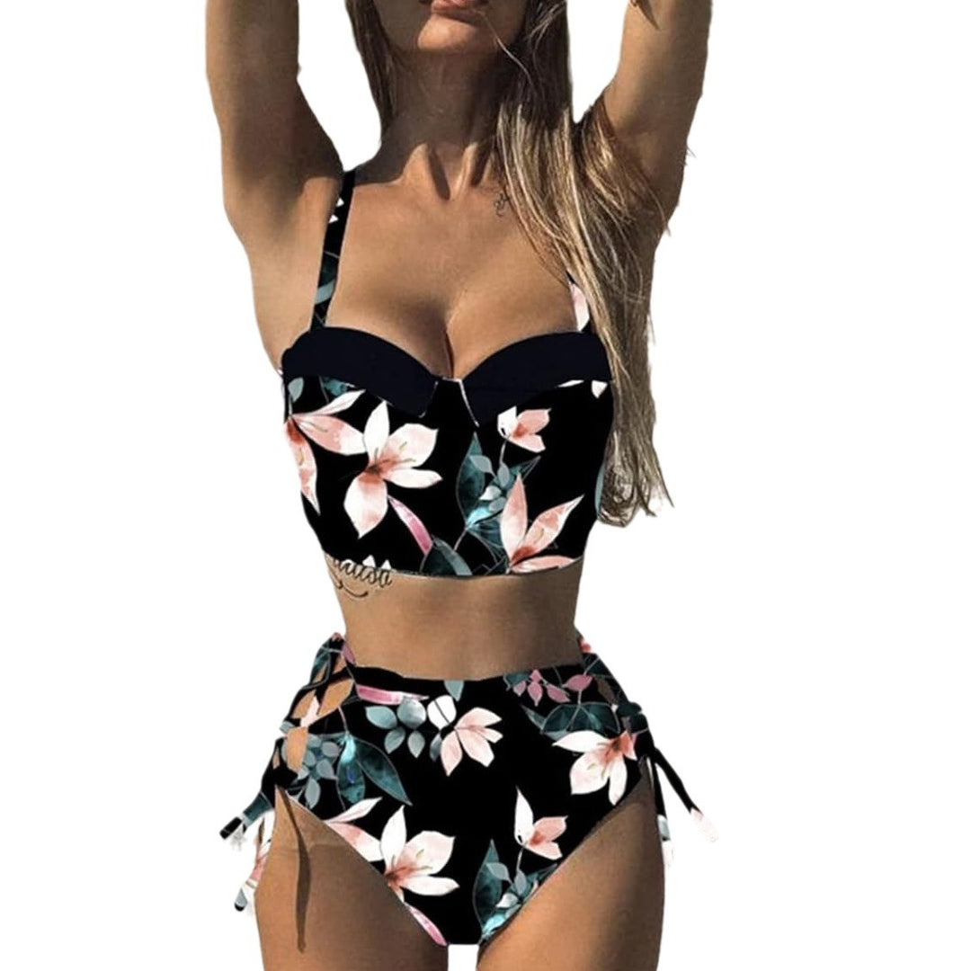 Dame Højhalset Bikini-Sæt med justerbare stropper og blomsterform Stilla