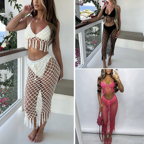 Dame Hæklet Bikini Sæt med raffineret netstruktur og forførende frynser Skovae