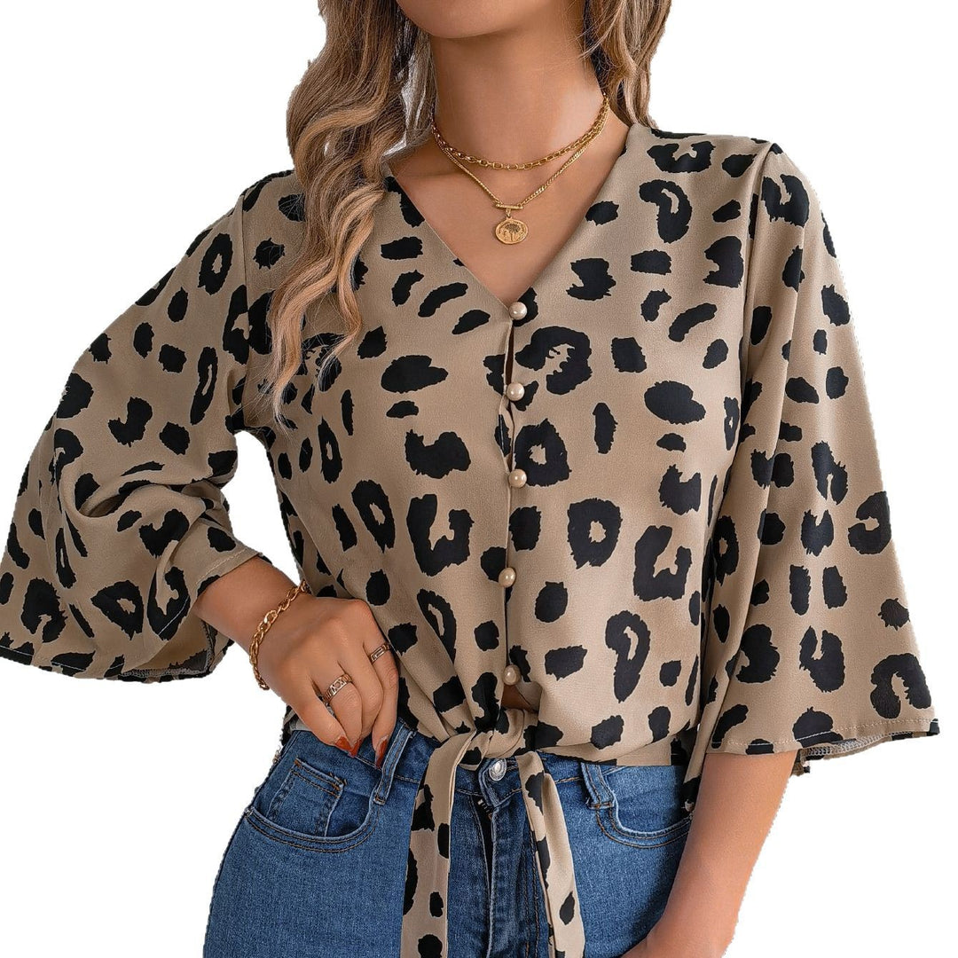 Dame Elegant Blusenskjorte med Leopardskprint og Knapdetalje Stilla
