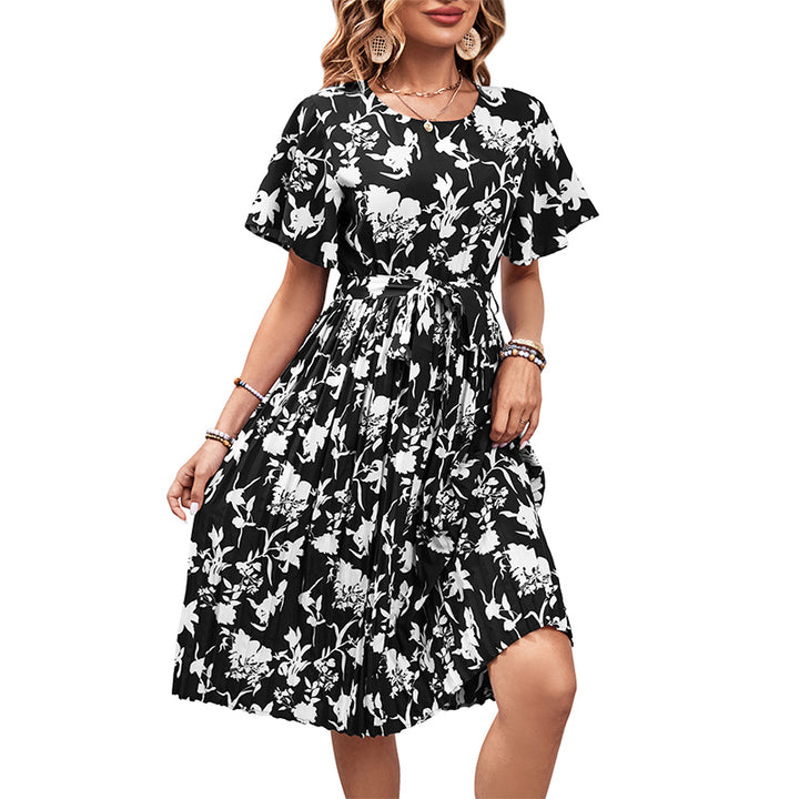 Dame Floral Print Bindebælte Midi Kjole Stilla