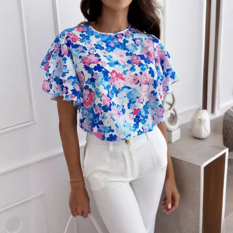 Dame Floral Flæsebluse med påsyede ærmer Stilla