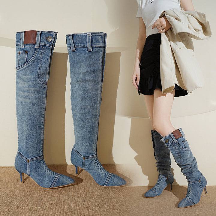 Dame High-Heel Jeans-Støvler med moderne Ankelsnøring Stilla