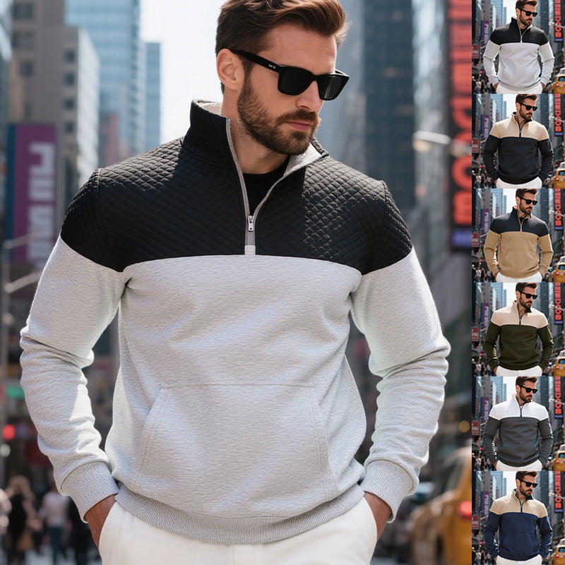 Herren nan quilted skulderpas halvzip sweater med kenguruhåpning og ståkrave Skovae