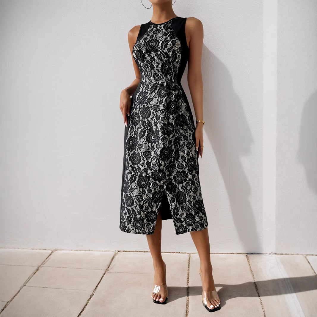Femme Elegante Spids-Detail Midi Kjole med side Slids Stilla