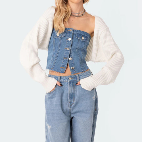 Dame afslappet cropped jeansjakke med strikket oversized ærme Stilla