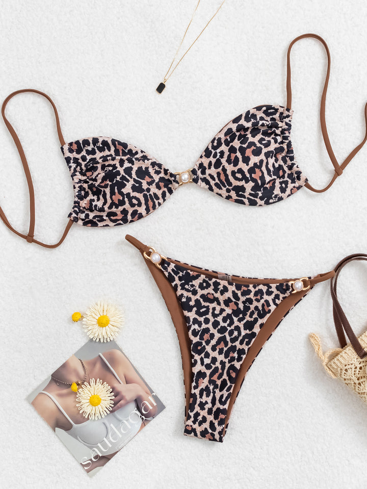Dame Bikini-sæt med raffineret leopardmønster og elegante perledetaljer Skovae