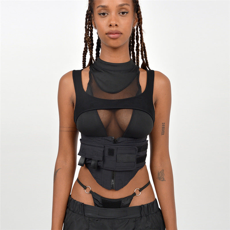 Dame Sporty Multifunktionsoberdel med transparente indsatser og høj krave Stilla