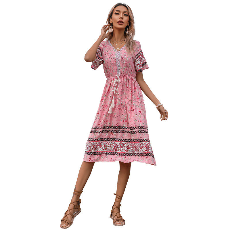 Dame Casual Bohemian Midikjole med Kvasterbindedetalje Stilla