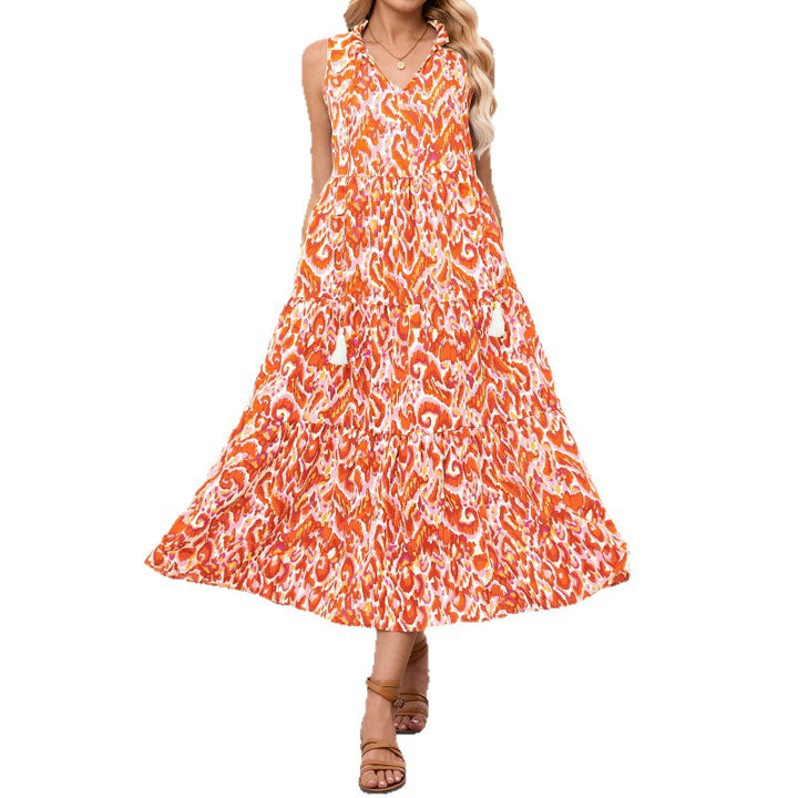 Dame ærmeløs maxikjole med lagdelt flæse design Stilla