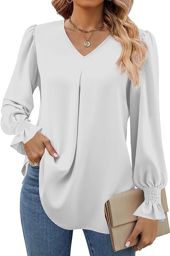 Dame Elegant Bluse med V-udskæring og Pufærmer Stilla