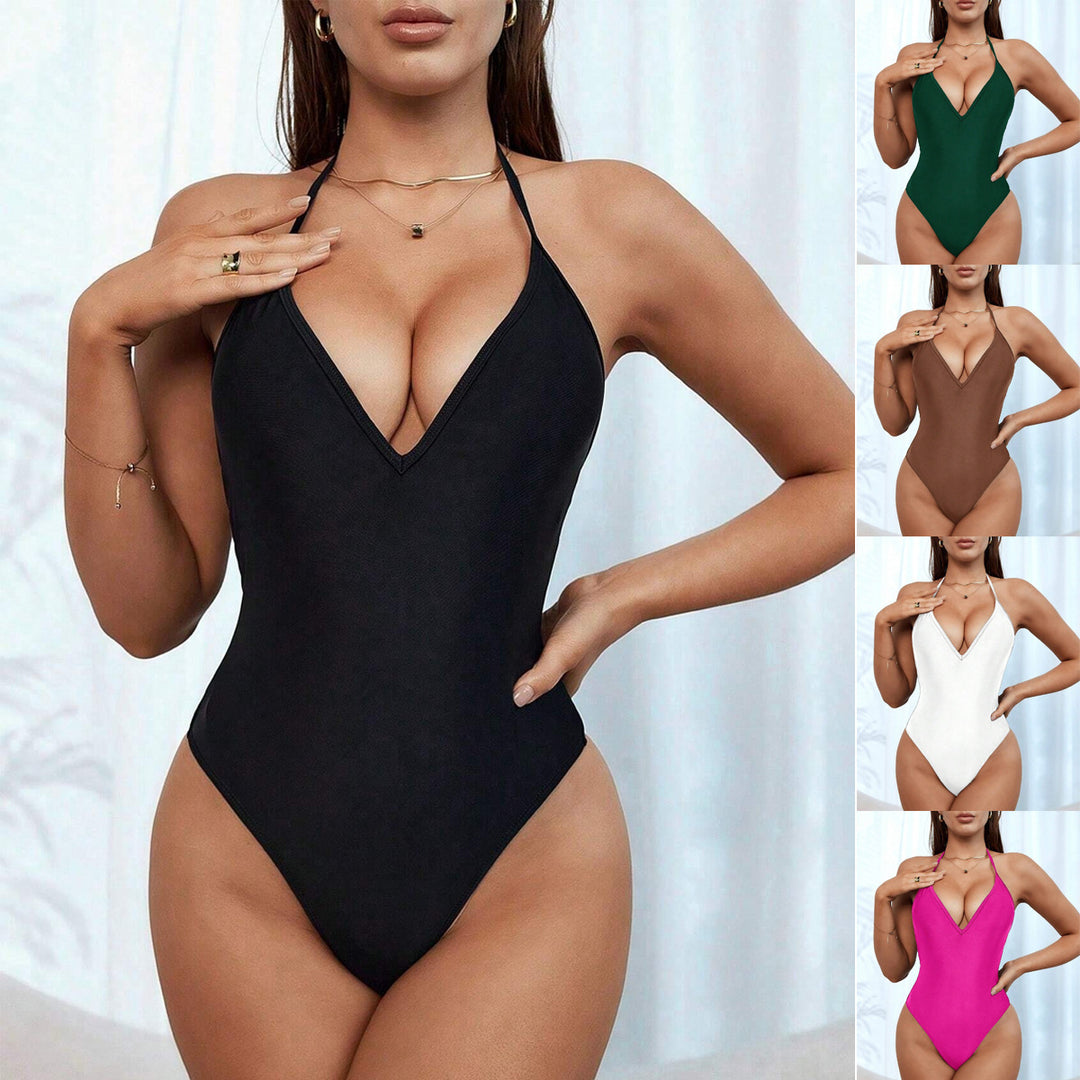 Dame one-piece badedragt med dyb V-udskæring og alsidige bindebånd Stilla