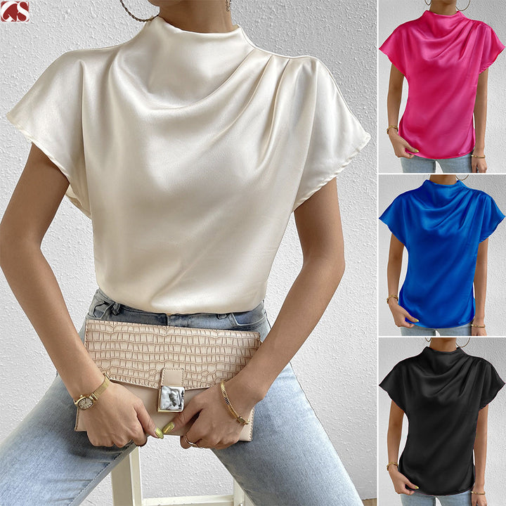 Dame Elegant satin top med innovativ krave og flydende snit Stilla