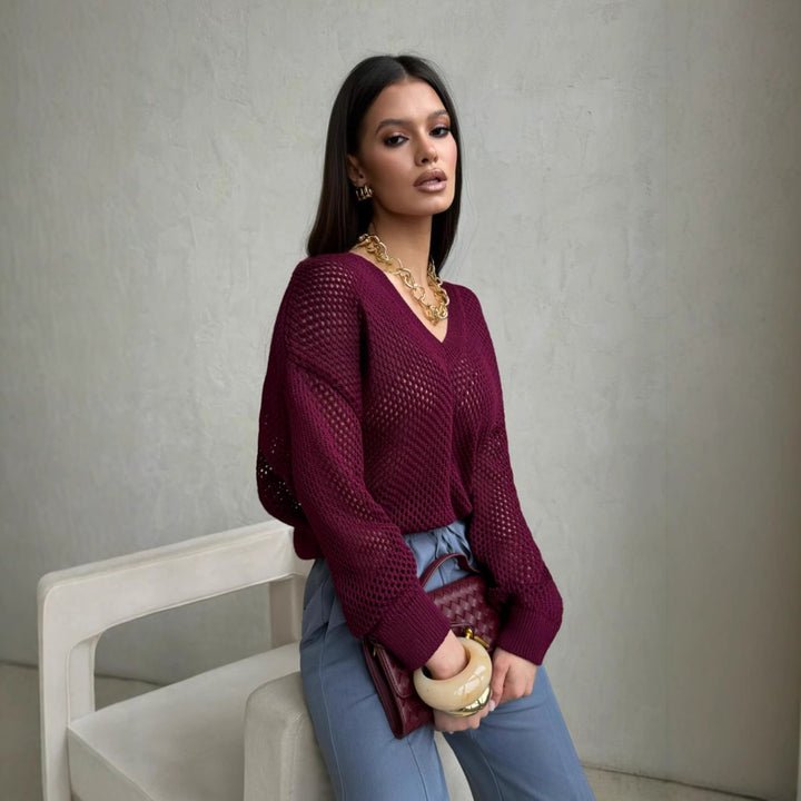Kvinders strikket sweater med luftig struktur og V-hals Stilla