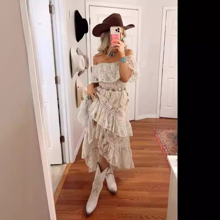 Kvindernes Boho Flæse Kjole med Off-Shoulder Design og Flydende Stof