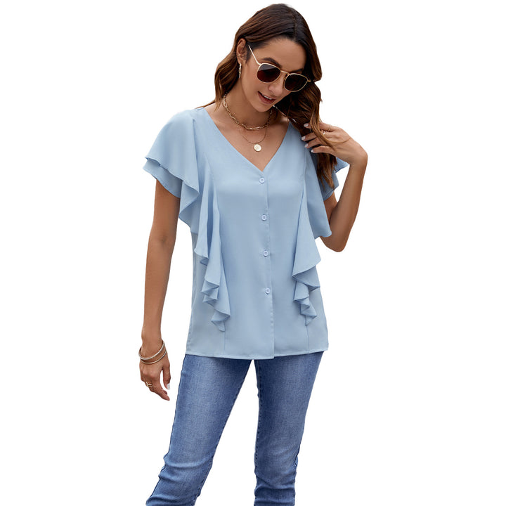 Damebluse med ruffles detaljer og V-udskæring Stilla