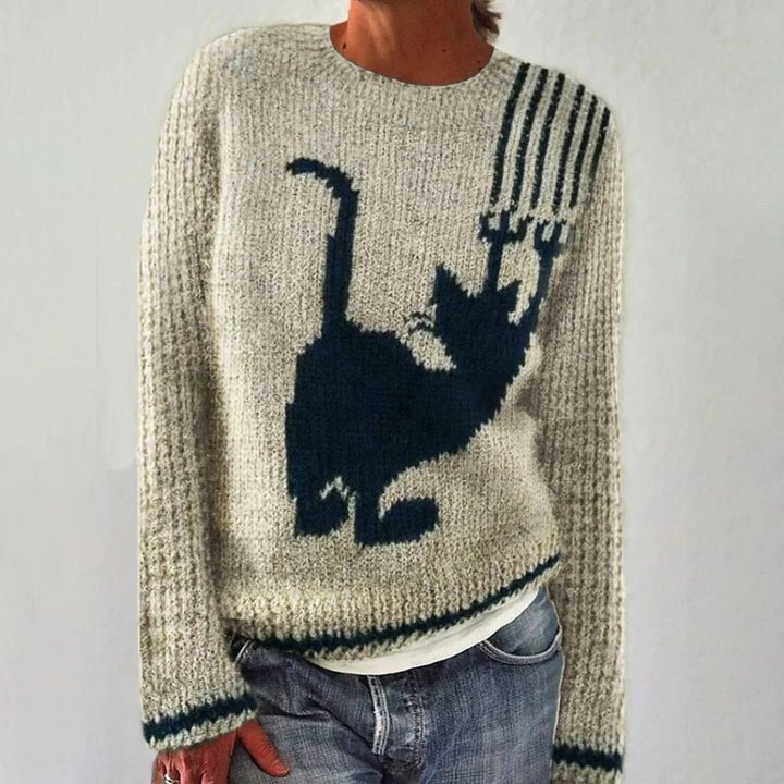 Dame Cozy Sweater med Revmotiv og Stribede Ærmer Stilla