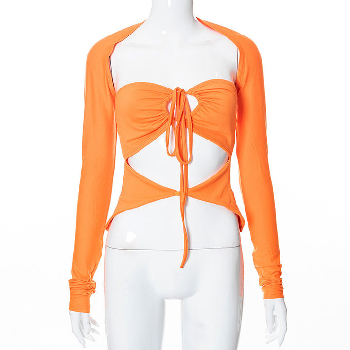 Dame langærmet top med kreativ cut-out og elegant drapering Skovae