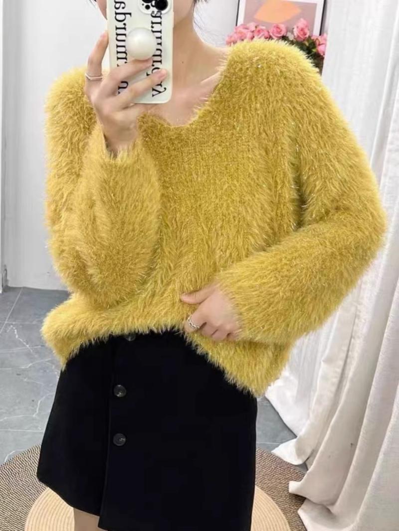 Kvinders fluffy V-hals sweater med lange ærmer og glimmertråde Stilla