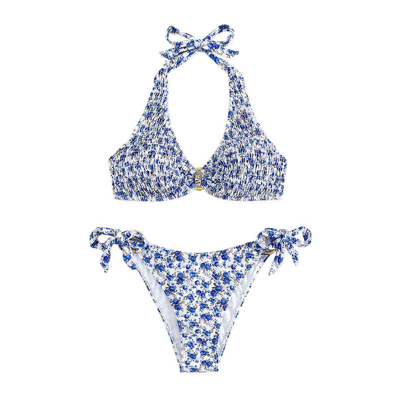 Dame Floral Print Halter Bikini Sæt Stilla