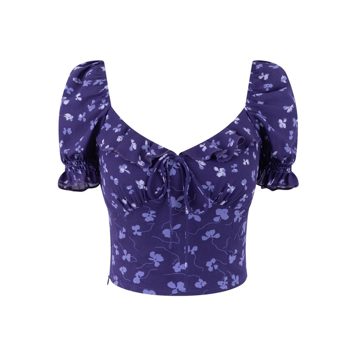 Dame crop-top med flæsedetaljer og blomsterprint Stilla