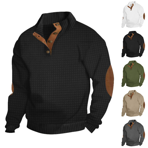 Herre behagelig sweater med knapliste og kunstlæderdetaljer Stilla