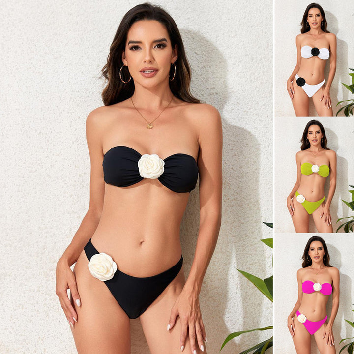 Dame Bandeau-bikini-sæt med blomsterdetalje Skovae
