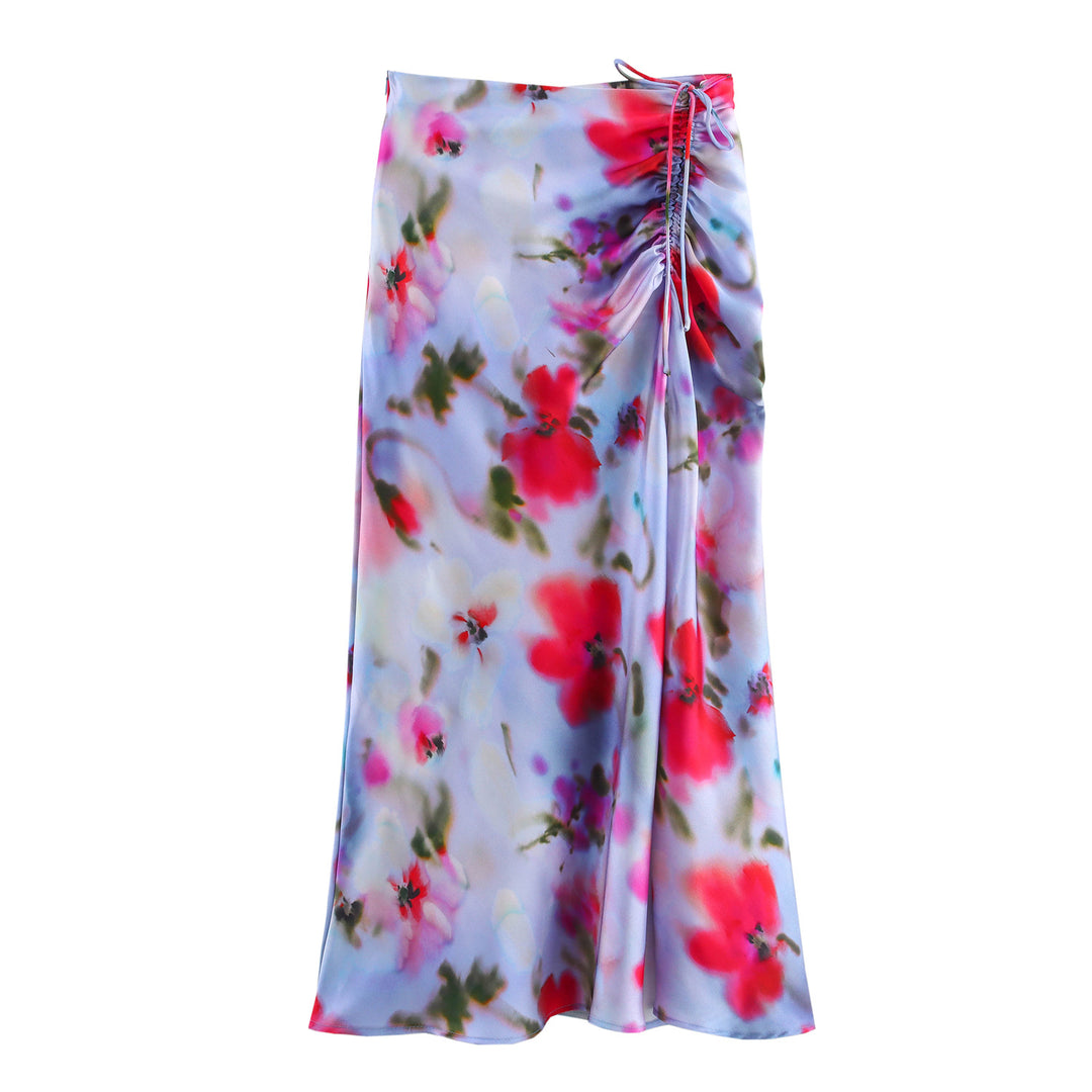 Dame Floral Print Maxi Nederdel med Snøre-Sidedetalje Stilla