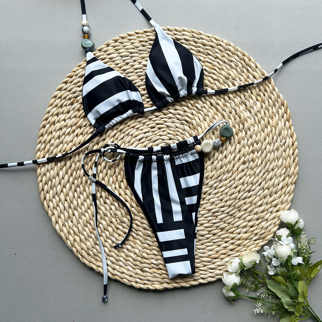 Dame Triangel Bikini-Sæt med højskåret trusse og dekorative perler Stilla