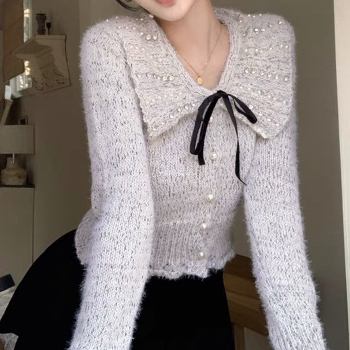 Damer Elegant Strik Top med Ruflet Krave og Dekorative Perler Stilla
