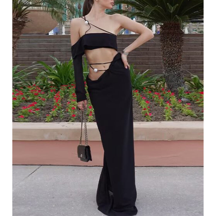 Femme Off-Shoulder Ruffle To-delt Maxi Kjole Sæt Stilla