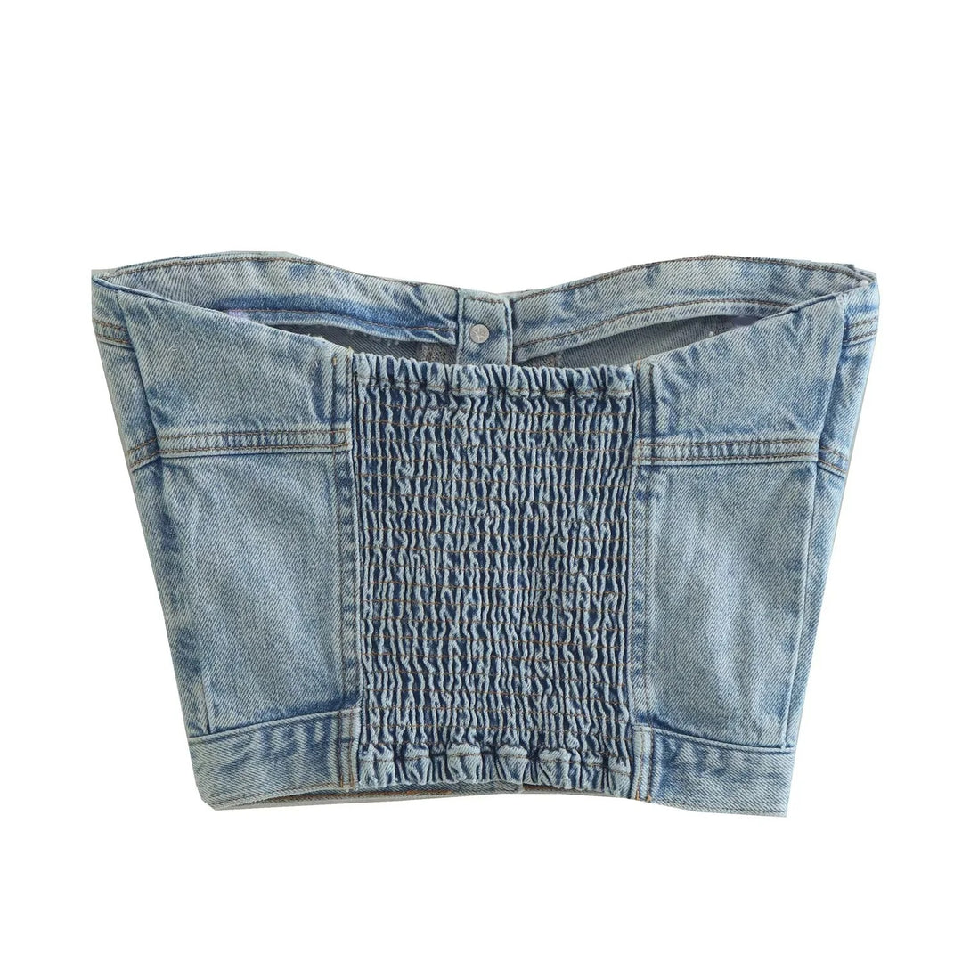 Dame Denim-Crop-Top med strikket overtræk Skovae