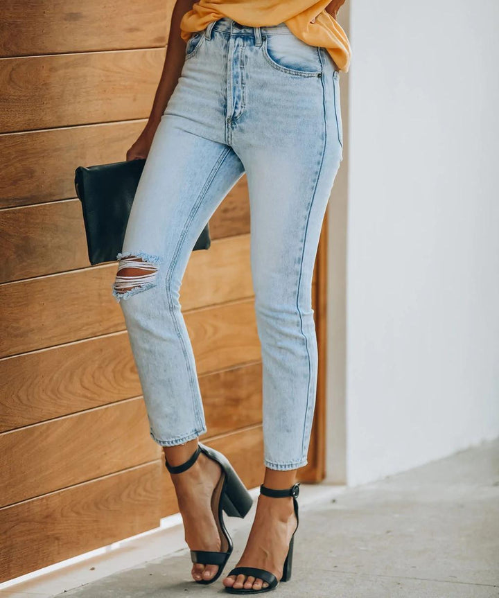 Dame High-Waist Jeans med destroyed-detaljer og smal pasform Stilla