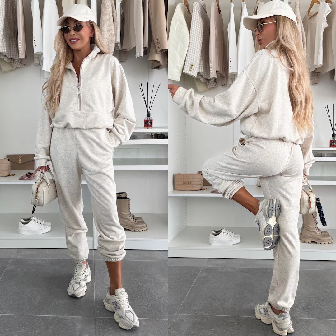 Kvindernes stilfulde fleece loungewear sæt med halv lynlås Skovae