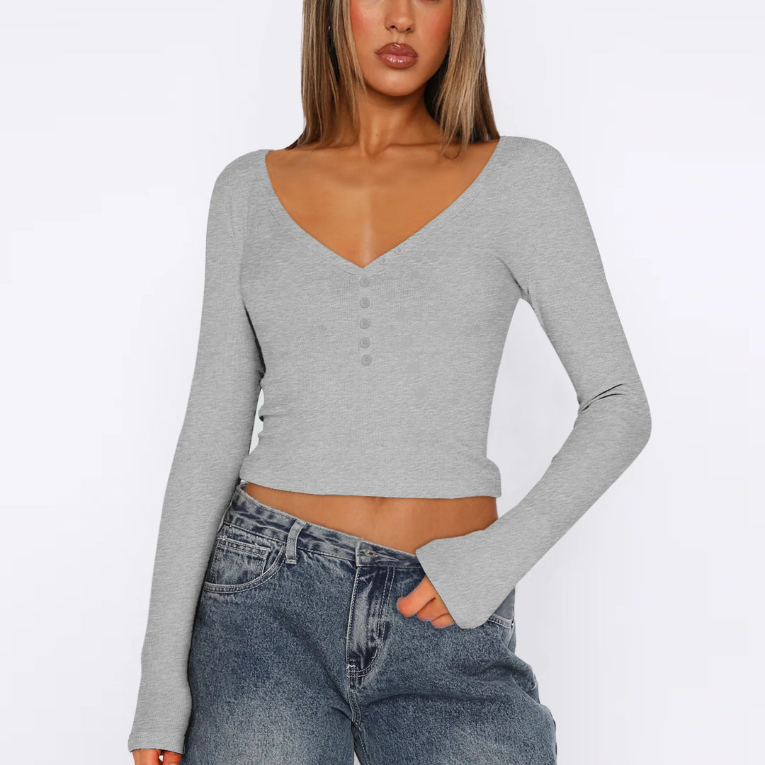 Dame Langærmet Crop-Top med V-udskæring og knapliste Stilla