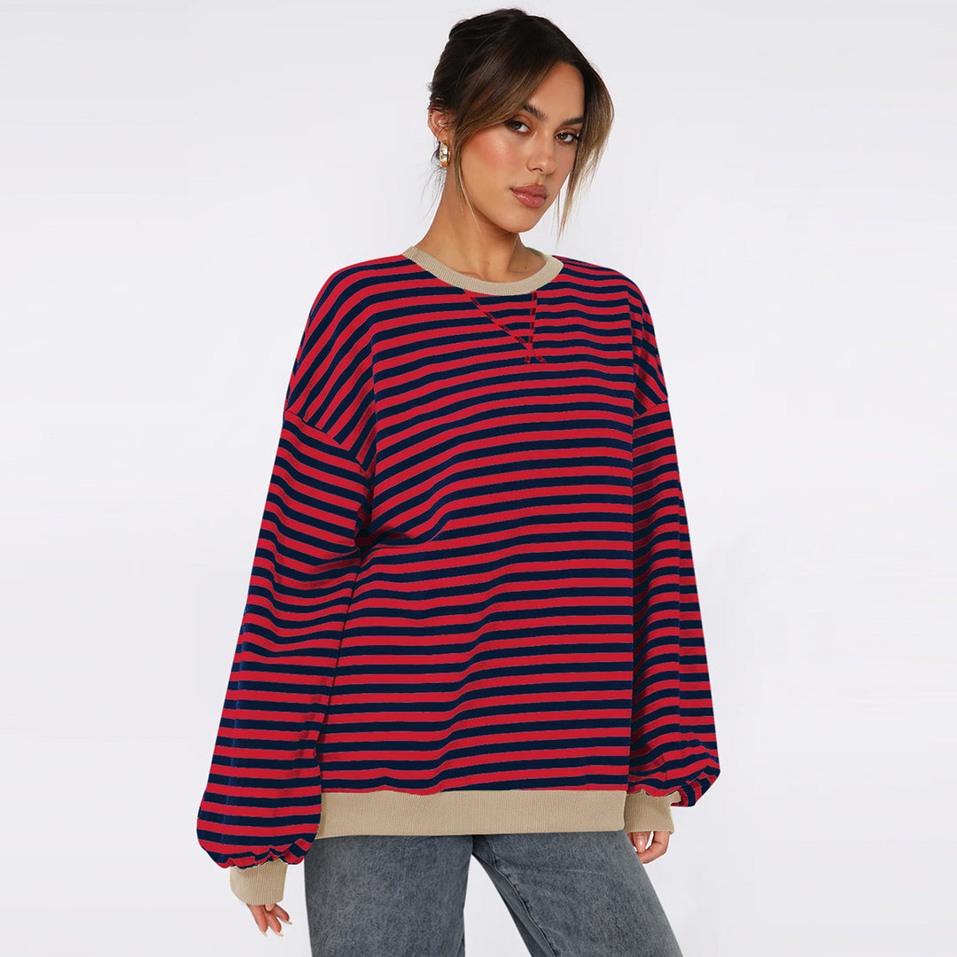 Dame Oversized Sweatshirt med stribet design og komfortable pufærmer Stilla