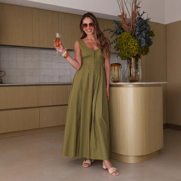 Dame maxi kjole med chik knapdesign og elegant V-hals