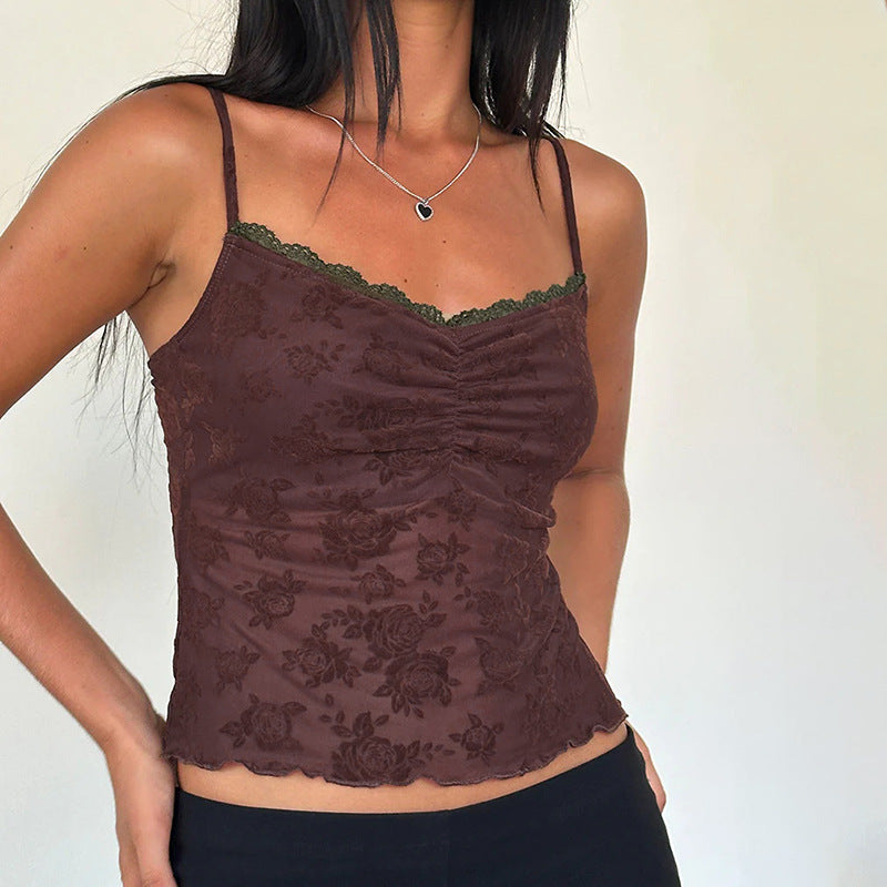 Dame spids-crop-top med blomsterdesign Skovae