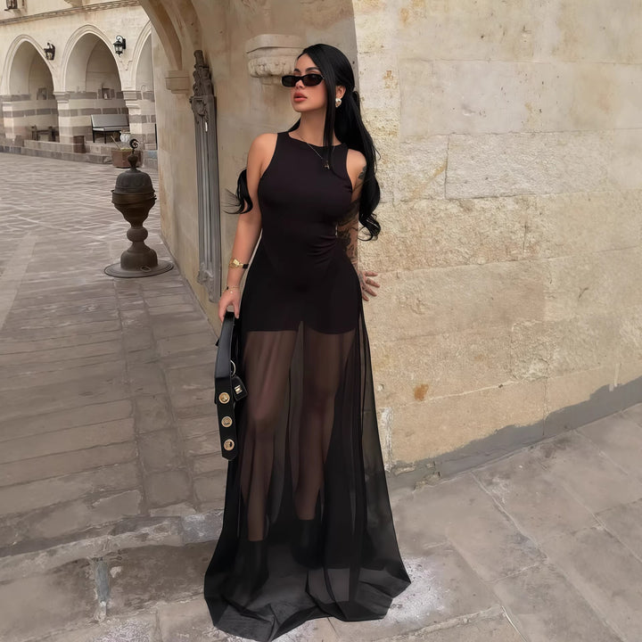Damer Elegant Maxi-kjole med transparent chiffon-overlag og tætsiddende inderkjole Skovae
