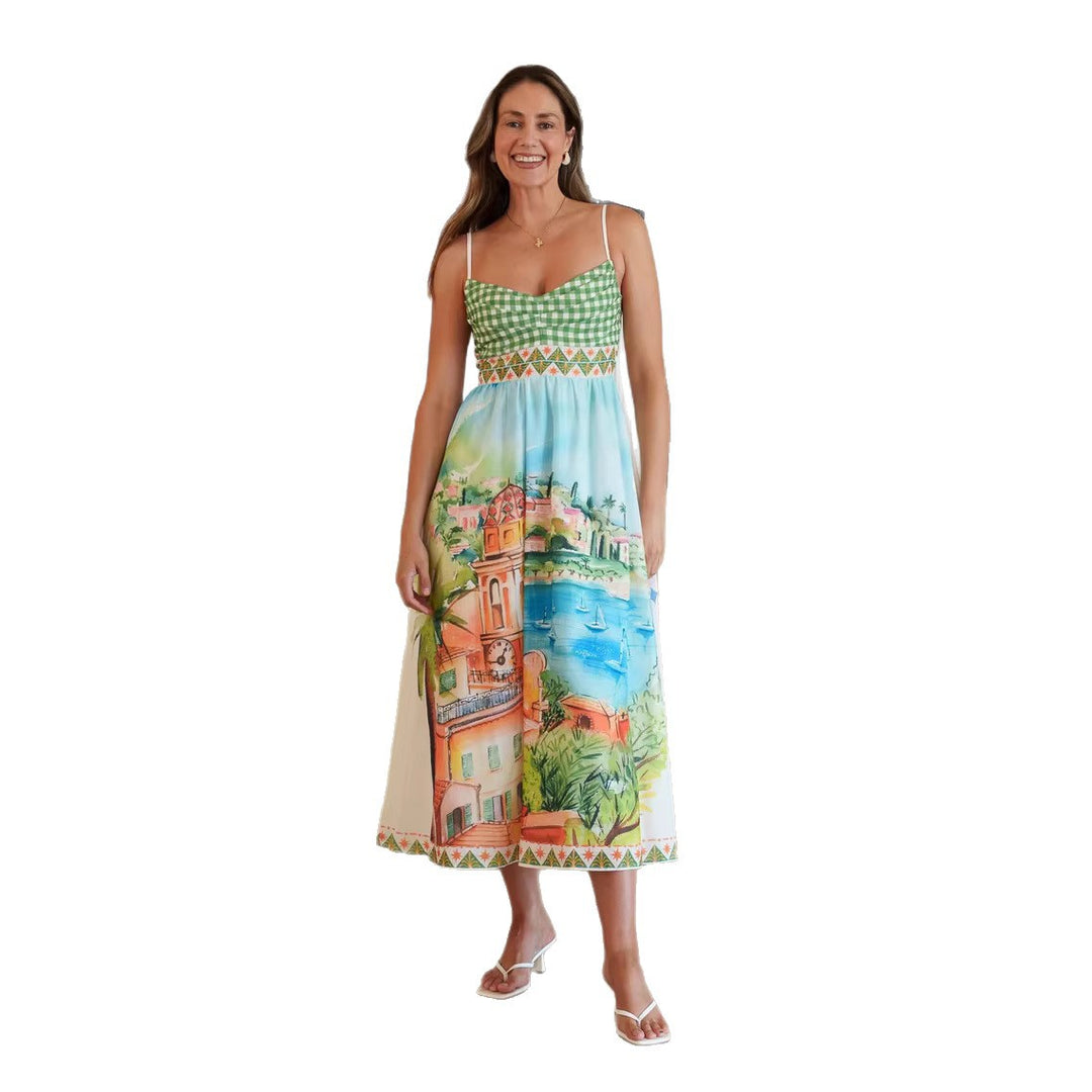 Women's summer maxi dress with hand-drawn city motif and checkered top Skovae