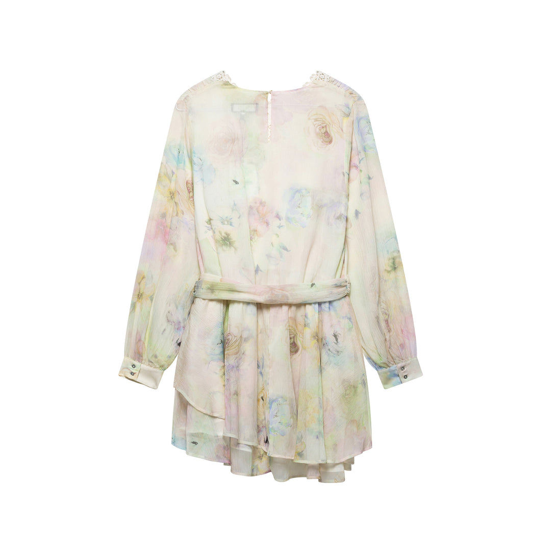 Femme Floral Print V-halskjole med blondebesætning Stilla