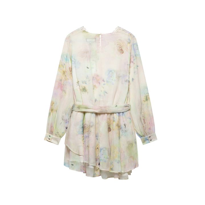 Femme Floral Print V-halskjole med blondebesætning Stilla