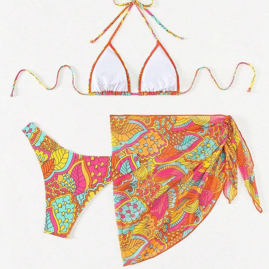 Dame Farverig trykt trekant bikini med sarong Stilla