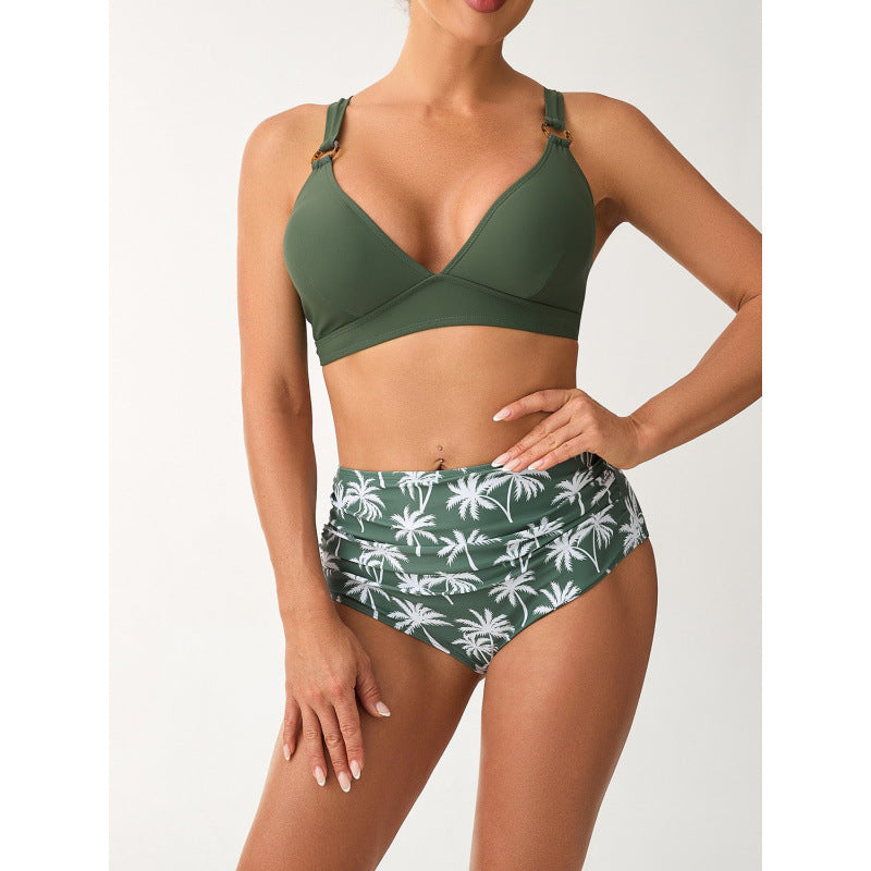 Dame Bikini-sæt med høj talje og moderne palmeprint Skovae