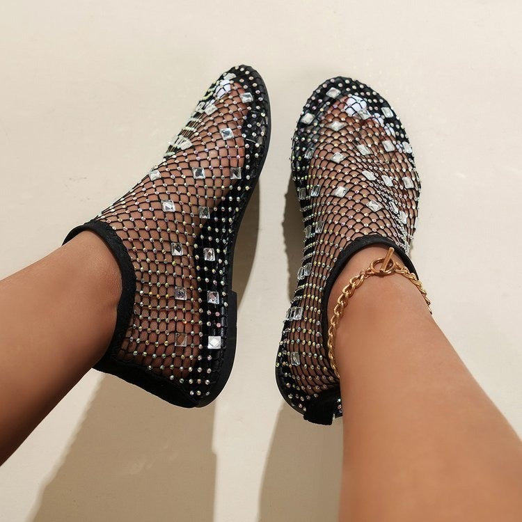 Dame net-sandaler med farverige rhinsten og elastisk materiale Stilla