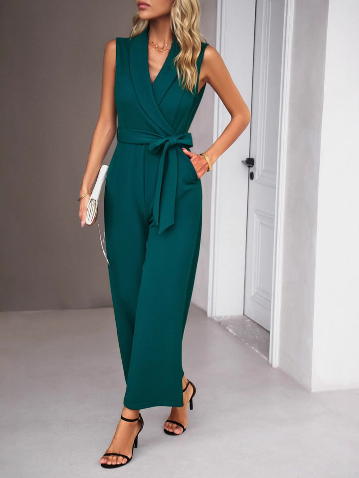 Dame elegant jumpsuit med bindebånd taljesløjfe og V-udskæring Stilla