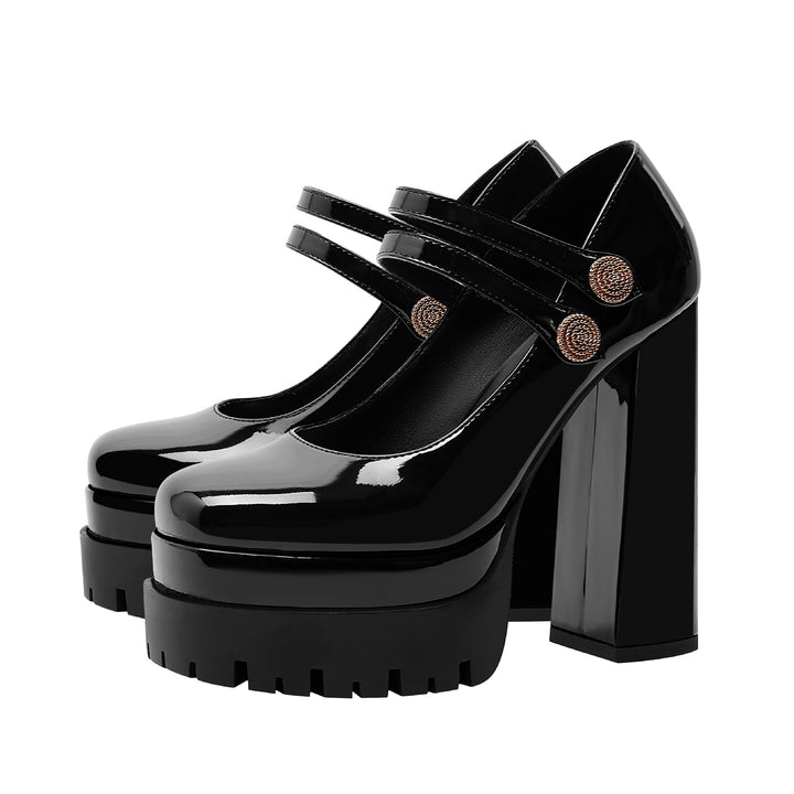 Femme Chunky Platform Mary Jane Hæle med Dobbeltrem og Dekorative Knapper Stilla